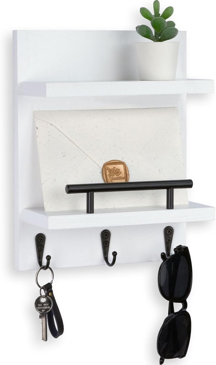 Key Holder Wall Mount, Mail Shelf Decor with 3 Key Hooks, Versatile Wood Wall Organizer for Entryway Hallway (8.2” x 10.6”x 3.6”) (White)